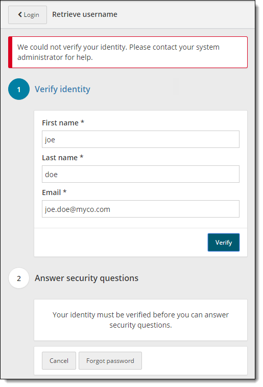 Retrieve username page. We could not verify your identity. Please contact your system administrator for help message.